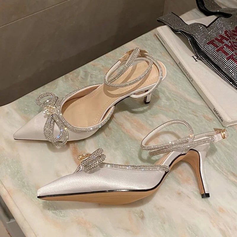 Crystal Bow Ankle Strap Heels