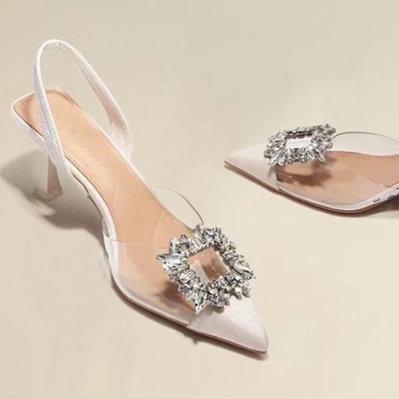Crystal Buckle Satin Slingback Heels
