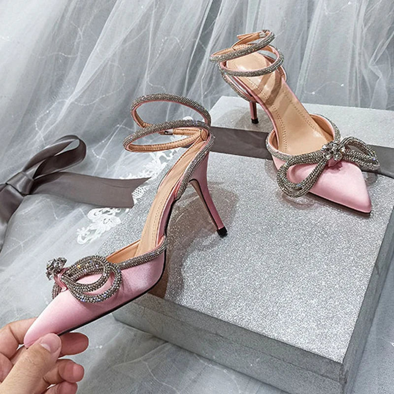 Crystal Bow Ankle Strap Heels