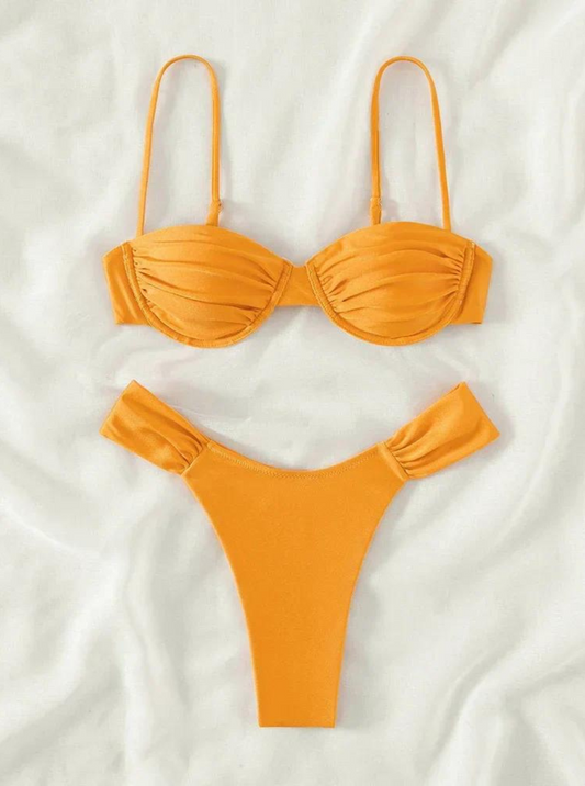 Sleek Solid Pleated Bikini Set