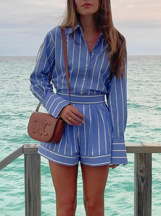 Striped Cotton Two-Piece Shirt and Shorts Set