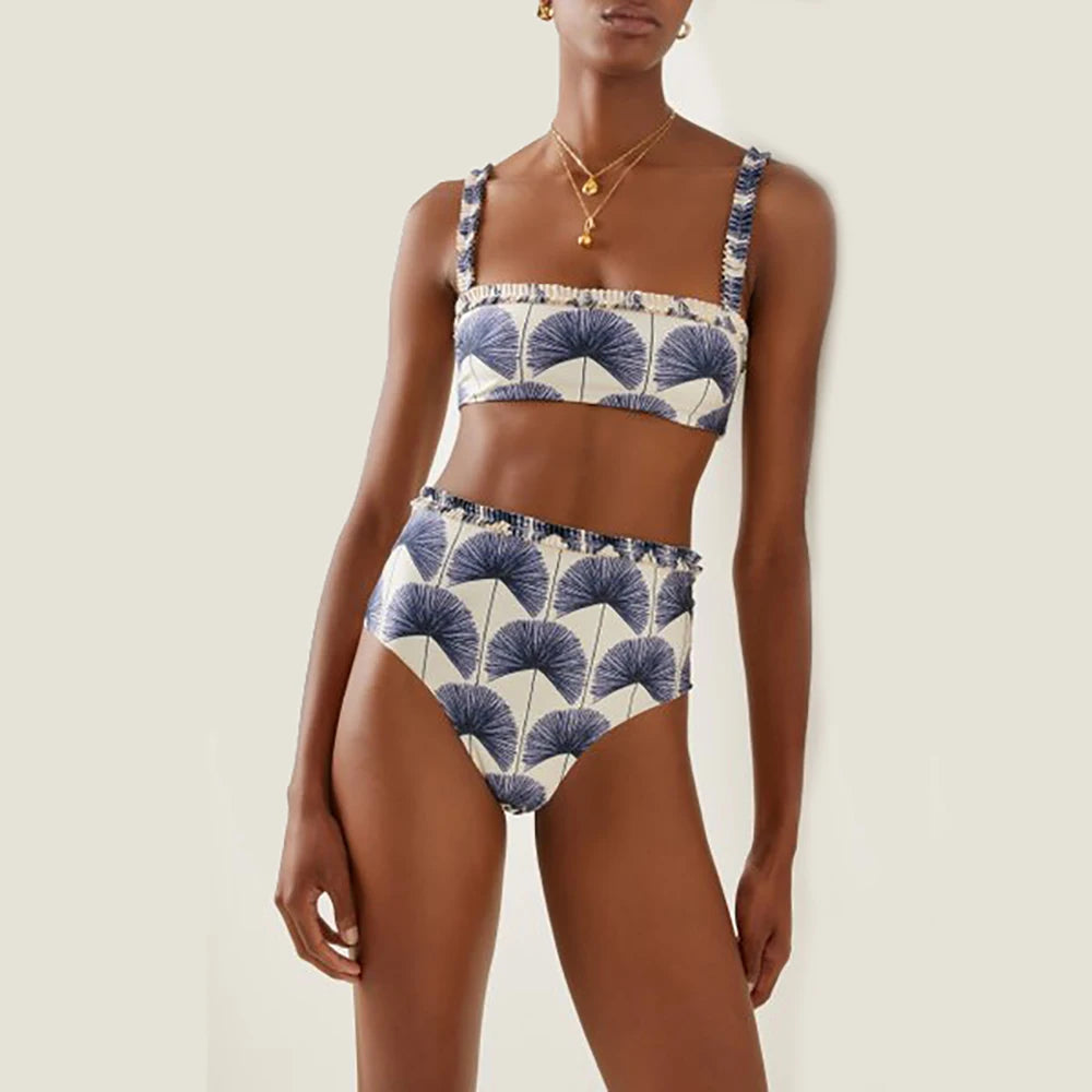Blue and White Printed Bikini Set with Matching Sarong