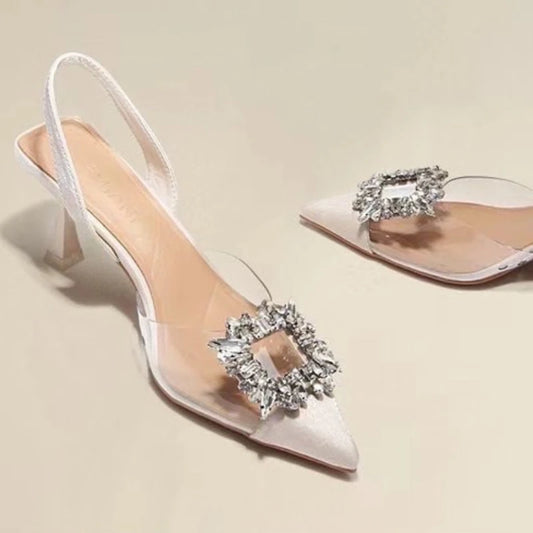 Crystal Buckle Satin Slingback Heels