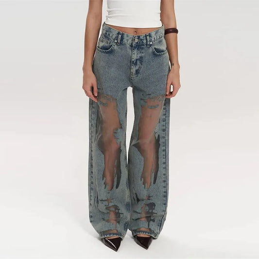 Distressed Sheer Panel Jeans