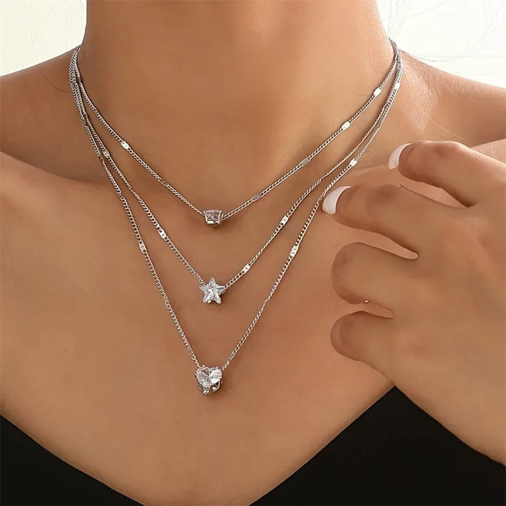 Triple Layered Star and Heart Pendant Necklace