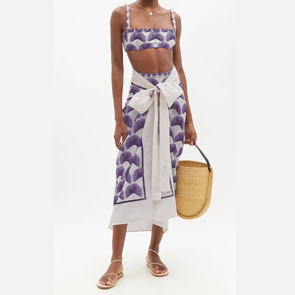 Blue and White Printed Bikini Set with Matching Sarong