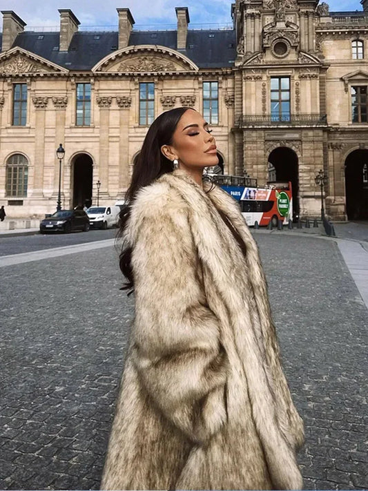 Fashion Luxury Lapel Faux Fur Midi Coat