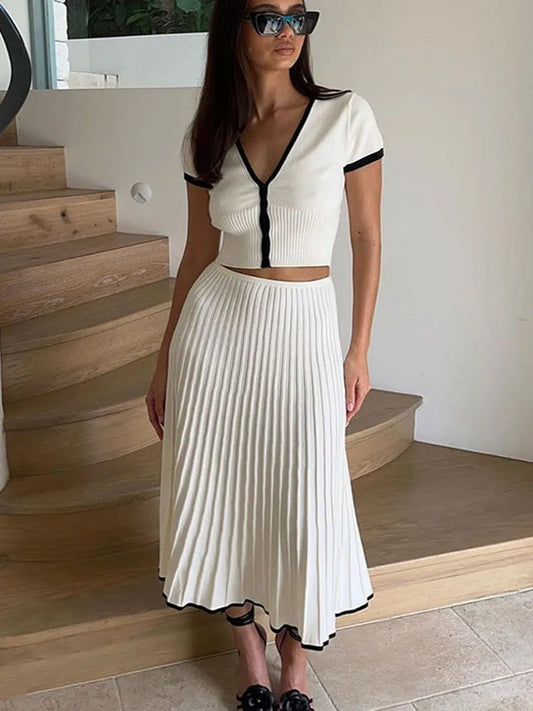 Knit Two-Piece - Pleated Skirt and Cropped Top