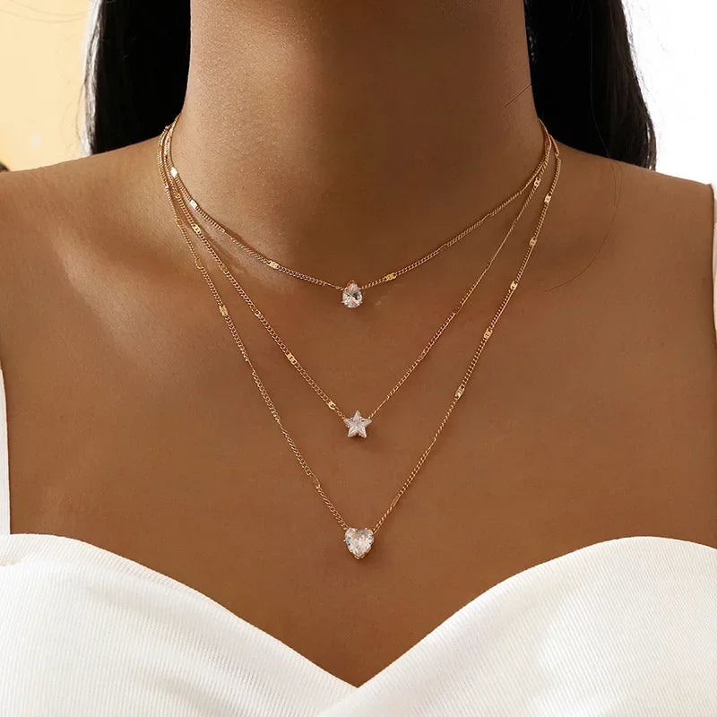 Triple Layered Star and Heart Pendant Necklace