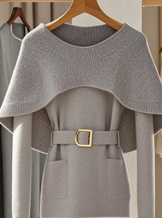 Chic Layered Knitted Cape Sweater with Belt