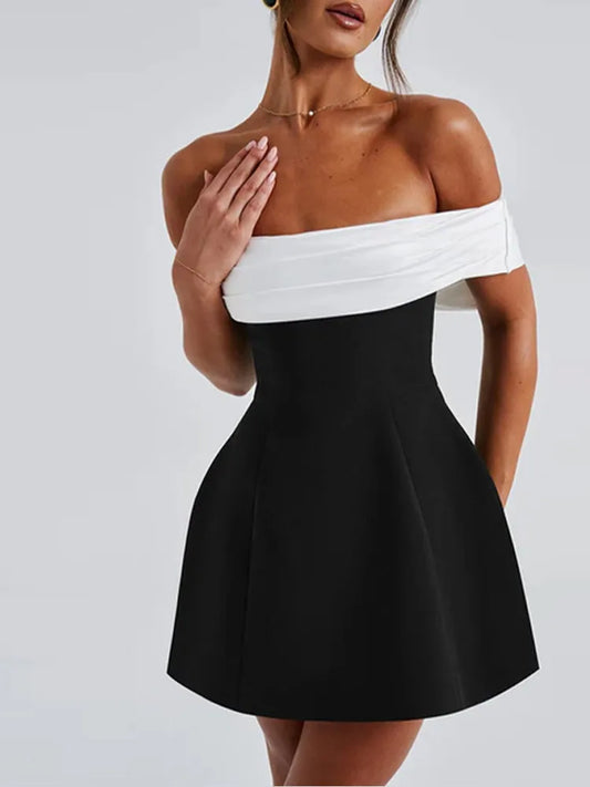 Off-Shoulder Black and White Bow Mini Dress