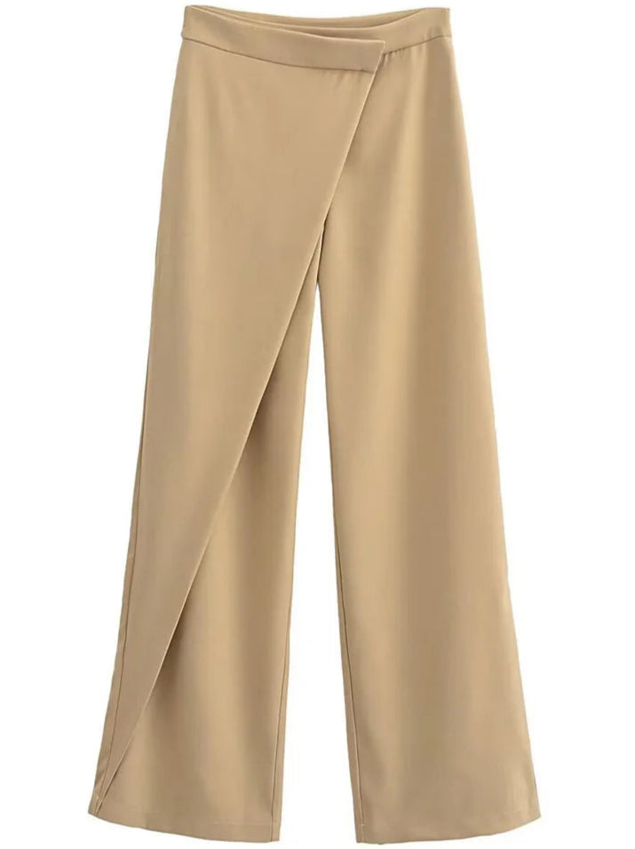 Beige Wrap-Effect pantalones de pierna ancha