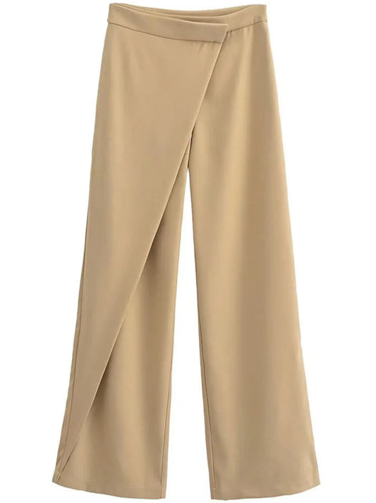 Beige Wrap-Effect Wide-Leg Trousers